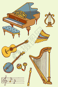 概述一套乐器钢琴竖琴七弦琴吉他班卓琴马拉卡斯长笛图片