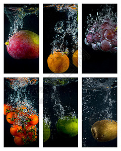 水果和蔬菜落入水中溅起水花和气泡图片