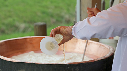 专家奶酪匠把红内网倒入大铜酸盐以在奶图片