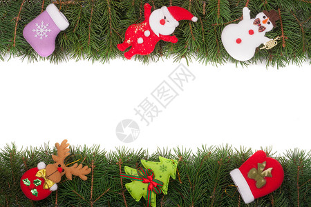 圣诞框架由花生树枝组成上面装饰着雪花人和圣诞老人在白色图片