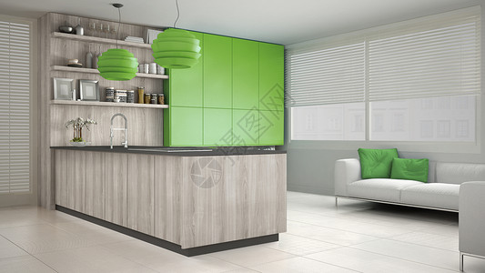 带木制和绿色细节的最小白色厨房室图片