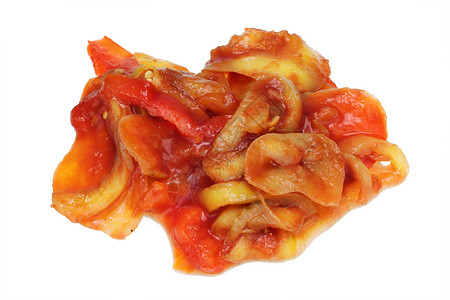 甜红和黄辣椒的条纹在番茄酱中被煮成泡菜图片