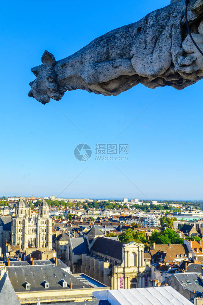 在法国勃根迪州Dijon市的Gargoyle教堂和圣米歇尔教堂对城市历史中心图片