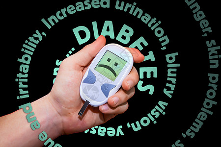 糖尿病症状以螺旋形式写在血糖仪周围高清图片