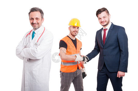 友好的工程师和企业家在医生或医生附近握手图片