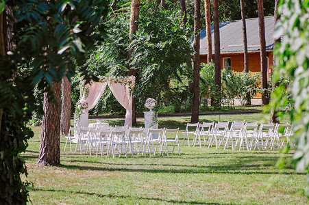 婚礼仪式的拱门在树前装饰着布背景图片