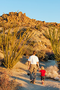 男孩和父亲在加利福尼亚Joshua树国图片