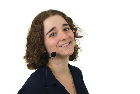 年轻女青年代表用电话麦克风为客户提供支助时发言图片