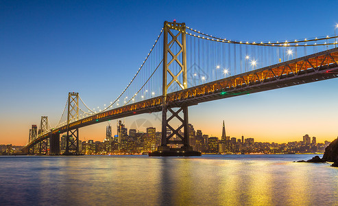 著名的奥克兰湾大桥的经典全景观旧金山的天线在夏日落后美丽的黄昏中照亮了美国背景图片