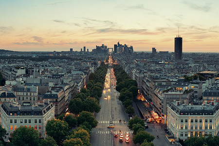 巴黎日落天台对法国防商业区的城市背景图片