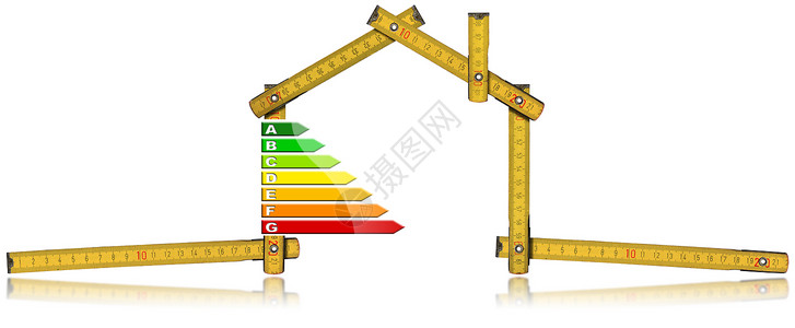 能源效率具有能源效率等级的房屋形状的黄色木制折叠尺在白图片