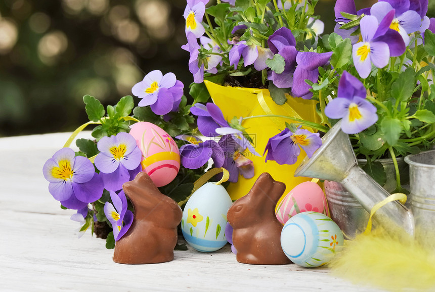 在花园桌子上的花盆中吃巧克力和吃鸡蛋图片