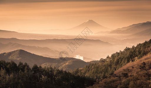 春天有晨雾的富士山图片