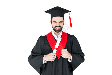 怀着毕业帽子的愤怒的胡须青年男子持有文凭图片