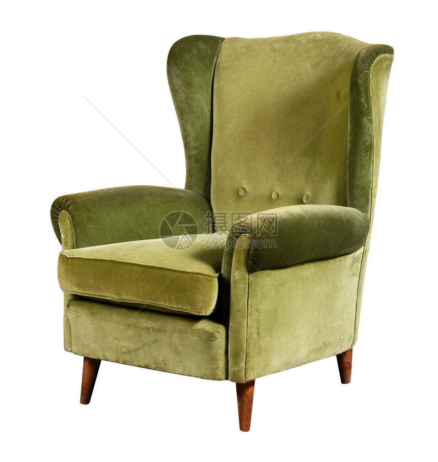 绿色天鹅绒臂椅旧设计用短腿制成高背与图片