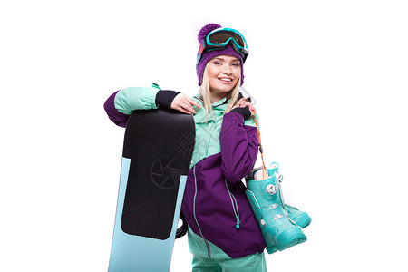 身穿紫色滑雪服和太阳镜的白人迷白女孩与世隔绝图片