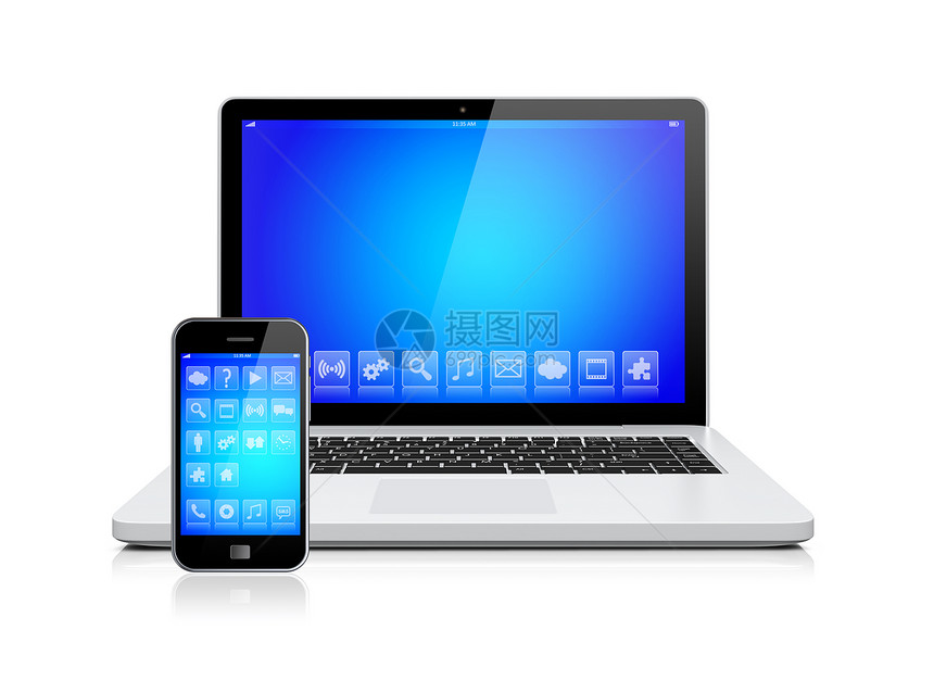 蓝色背景的笔记本电脑和移动智能手机小工具和设备屏幕上的应用程序图片