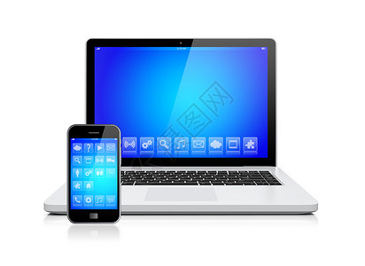 蓝色背景的笔记本电脑和移动智能手机小工具和设备屏幕上的应用程序图片