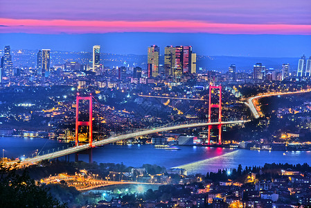 伊斯坦布尔的全景与波斯普鲁斯海峡上空的博图片