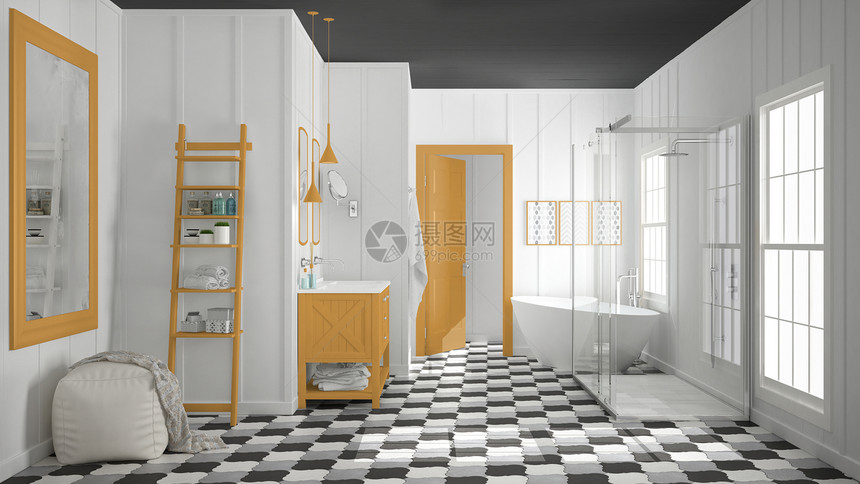 斯堪的纳维亚简约的白色灰色和橙色浴室淋浴缸和装饰图片