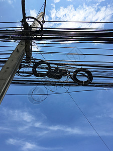 仰望蓝天上的电线杆和电线图片