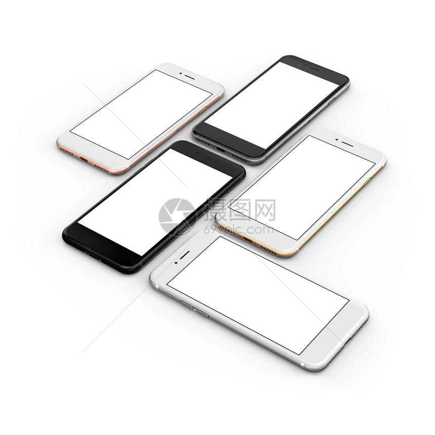 一套五种智能手机金玫瑰银黑和的彩色涂料空白屏幕图片
