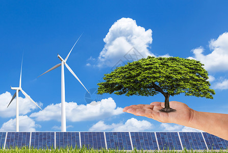 妇女手持绿树太阳能电池板和风力涡轮机图片