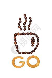 烤咖啡豆咖啡杯符号的近视和甜饼干图片