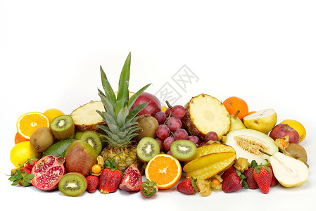 白色背景下的新鲜热带水果图片