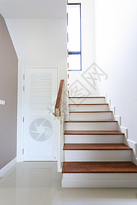 现代白色房屋内有木楼梯和Pvc门的背景图片
