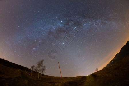星空和银河系在阿尔卑斯山脉上通过鱼眼镜头捕捉高清图片