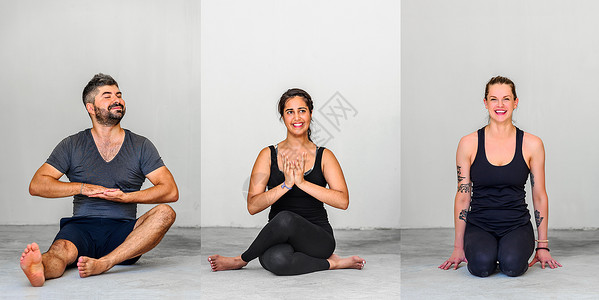 三个组合瑜伽学生展示不同瑜伽姿背景图片