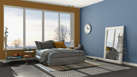 现代蓝色和橙色卧室的颜色图片