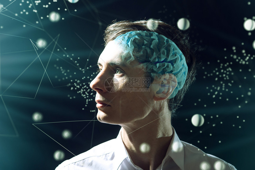 该男子的头部商人与数字大脑和神经元的网格连接人工智能的概念和心图片