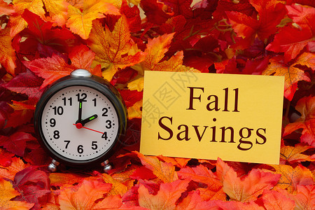 秋季储蓄信息一些落叶和回响闹钟及黄卡背景图片