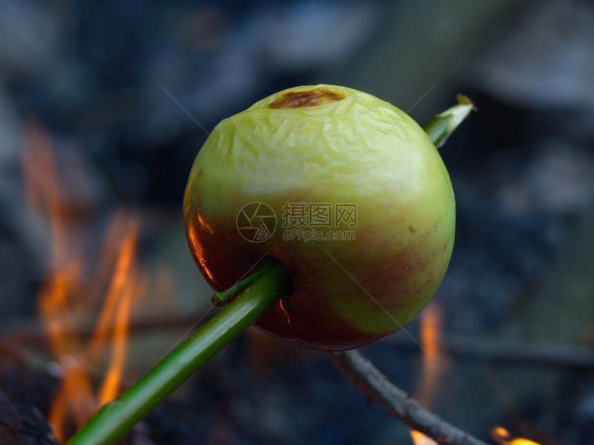 红绿苹果在火上烤串图片