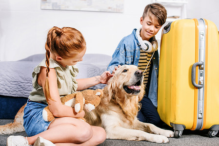 可爱的小孩在卧室里抚养狗带黄图片