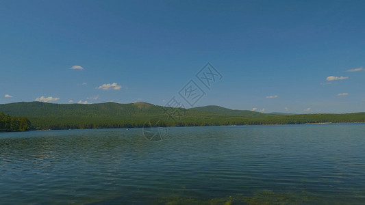 湖边美丽的蓝色清澈水海岸的森林风景图片