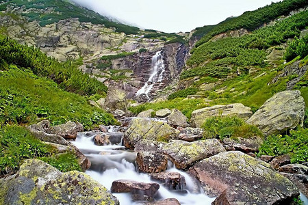 蒙维索在塔特拉斯高原的瀑布Skok下的水中岩石背景