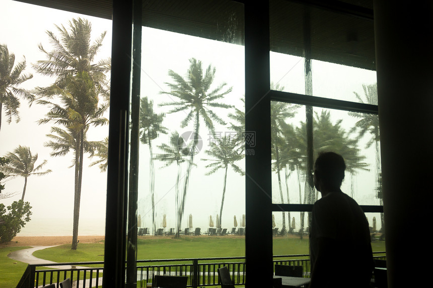 男人在上看季风和椰子树用雨伞和沙椅图片