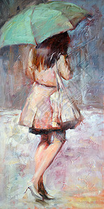 妇女带着雨伞在油画布上涂满雨背景图片