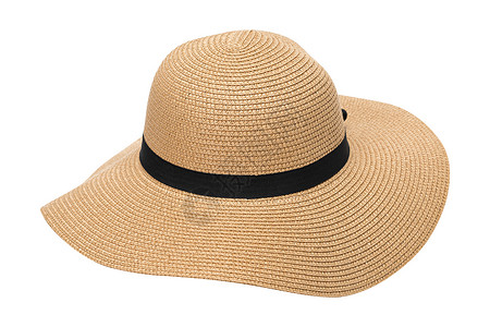 女夏季黄草帽和带丝的黄色草帽在白色图片