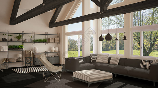 豪华生态屋客厅面板地和木屋顶小棚子夏季春草原的全景窗户现代白色和图片