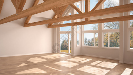 豪华生态屋面板地和木屋顶的空房间秋天草原上的全景窗现代白色建图片