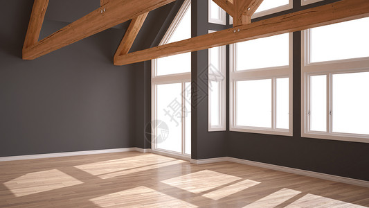 豪华生态住宅的空房间镶木地板和木制屋顶桁架全景大窗户现代白色和灰色图片
