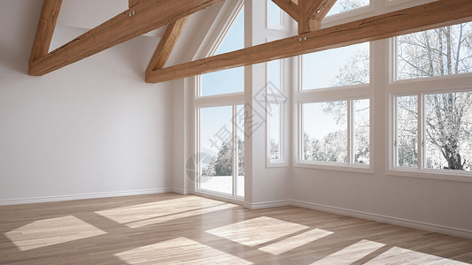 豪华生态屋面板地和木屋顶的空房冬季草原上的全景窗现代白色建筑室内图片