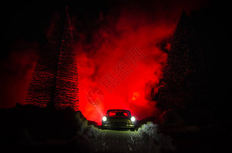 夜间在有雪的松树林中的汽车灯冬季中的汽车图片