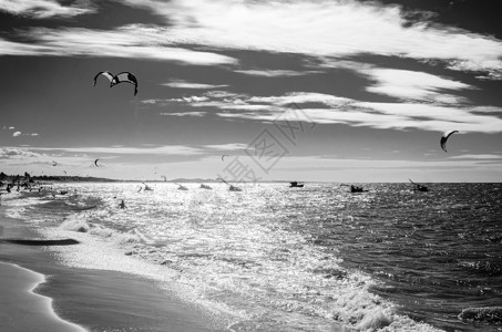 黑白日落风筝冲浪者在图片