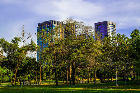 在绿色城市蓝色天空中建有摩图片