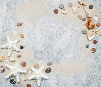 夏天背景贝壳和海星在沙滩上的边界图片